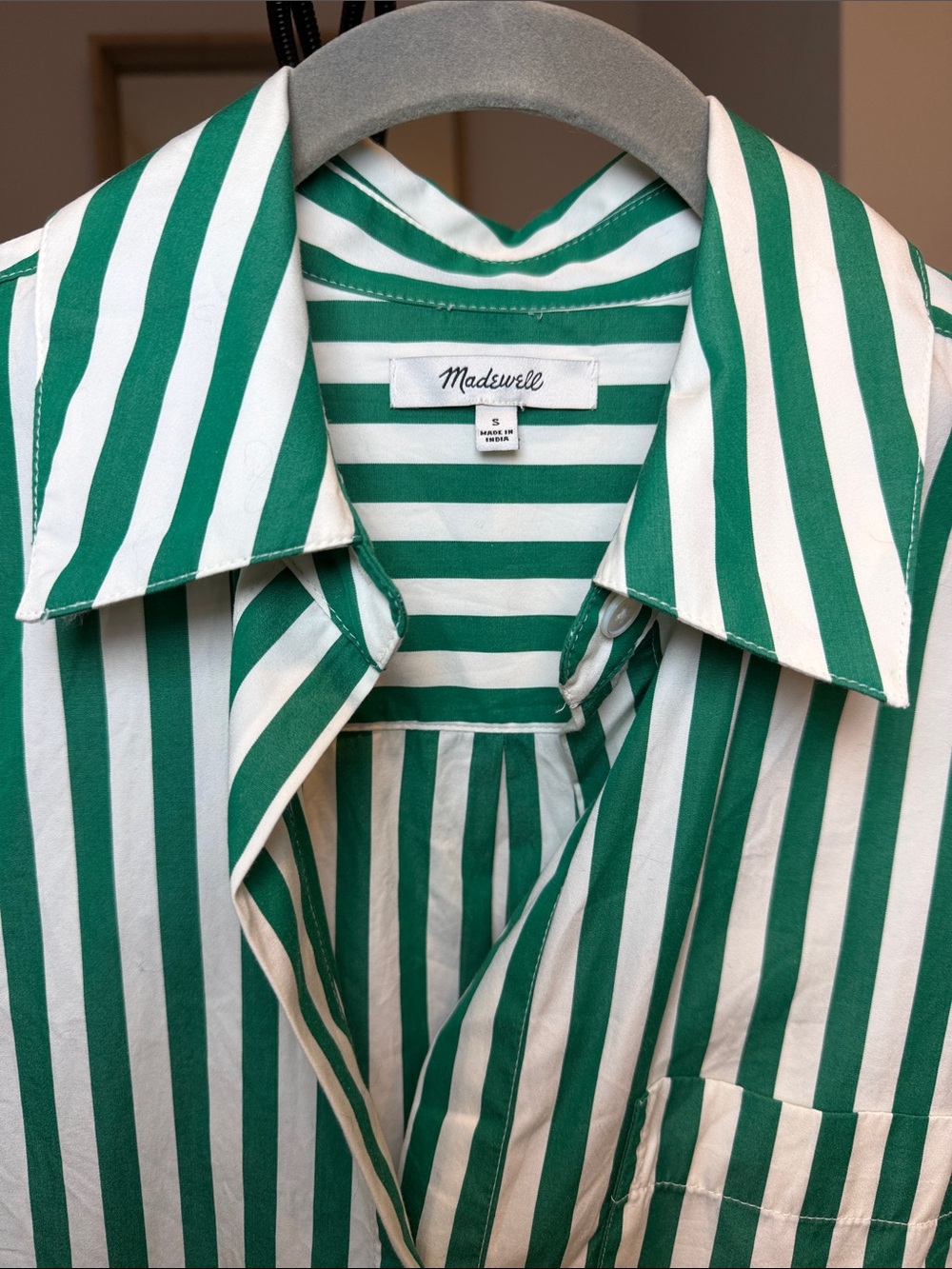 Madewell Green and White Vertical Stripe Button-Down Shirt - Picture 2 of 4